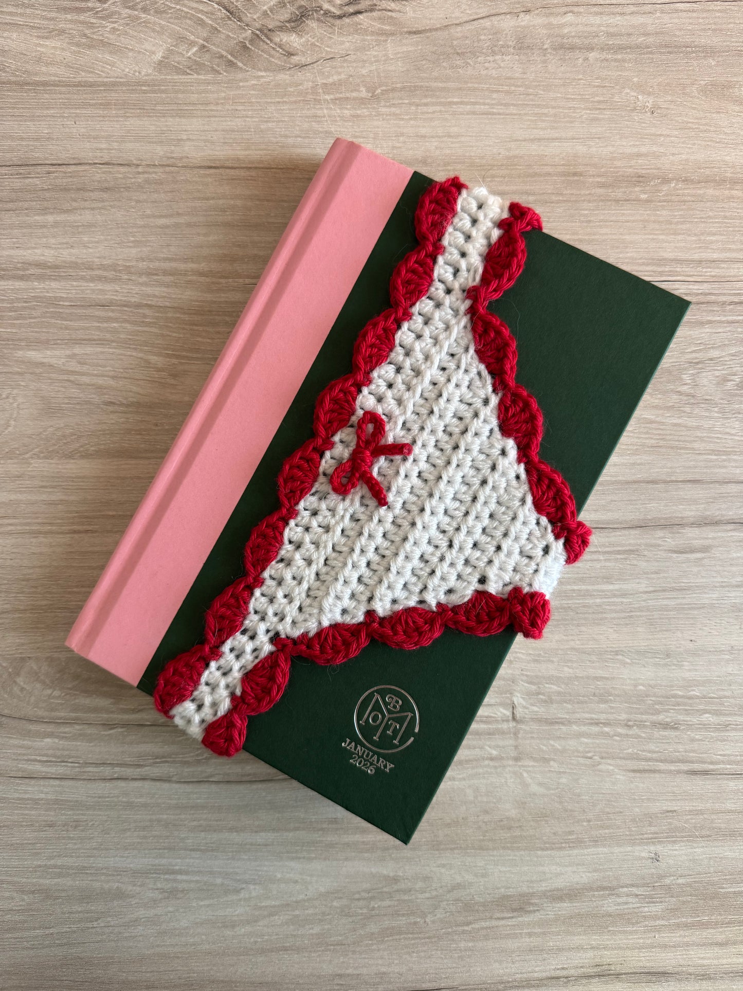 Book Thong Bookmark - White with Red Scallop Border& Bow (Ready to Ship)
