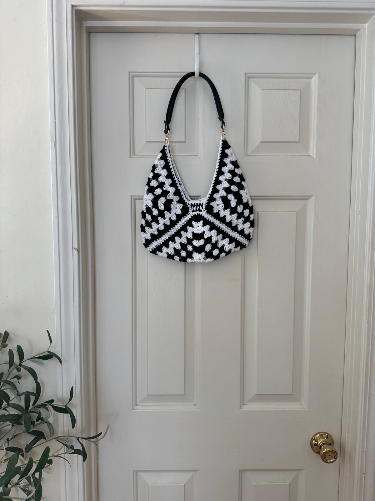 Black & White Triangle Bag with Black Leather Strap - Small