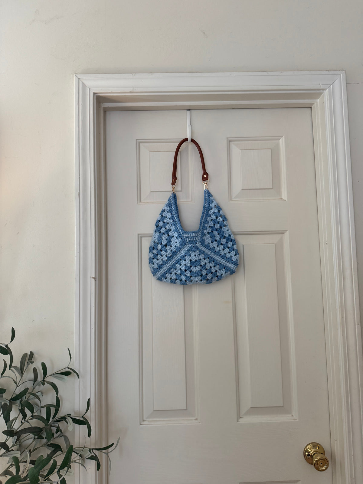 Blue Triangle Bag with Brown Leather Strap - Small