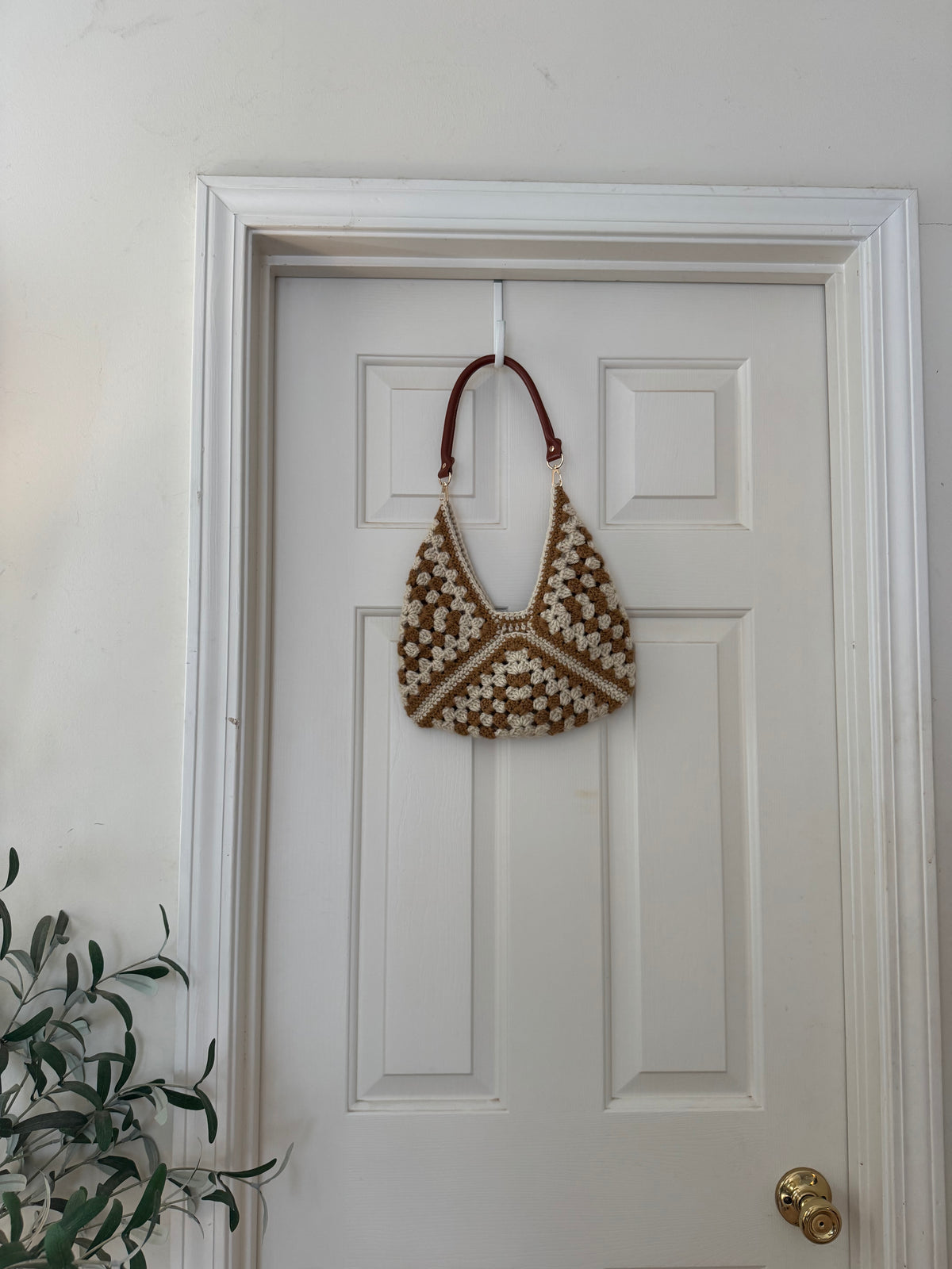 Camel & Beige Triangle Bag with Brown Leather Strap - Small