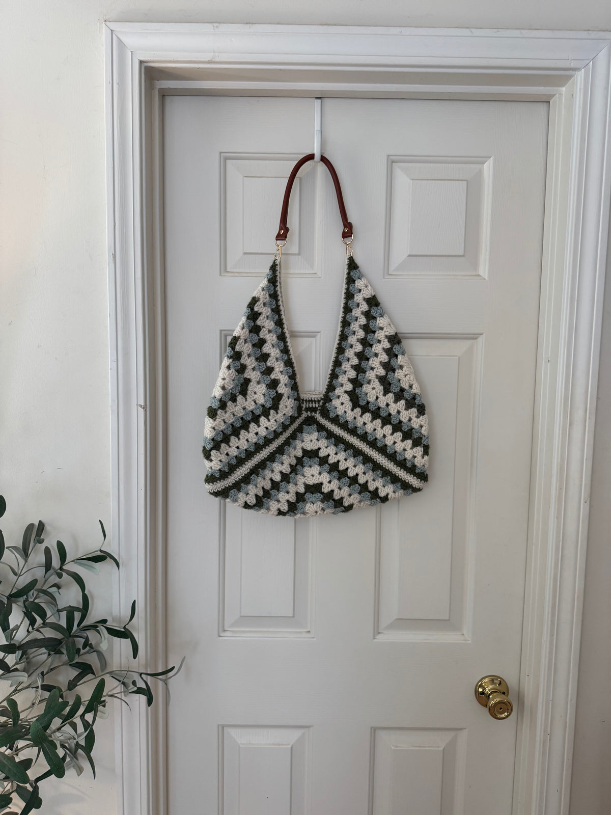 Beige, Green, and Blue Triangle Bag with Brown Leather Strap - Large