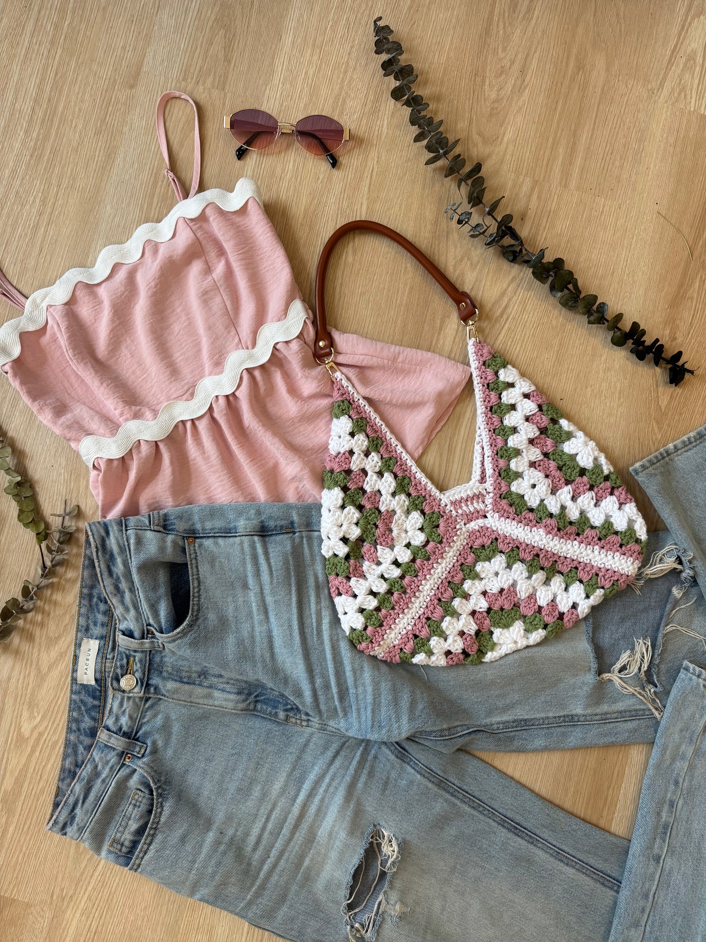 Triangle Granny Square Bag - Pink, Green & Cream - NO STRAP (Made to Order)