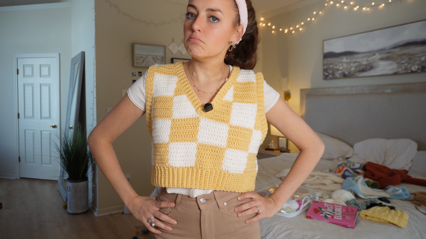 Ready to Ship - Physical Vest || Checkered V-neck Crochet Vest - Mustard & Cream (Size XS)