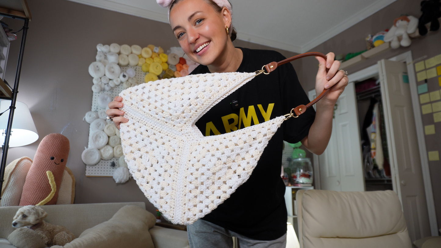 2 Tone Beige Triangle Bag with Brown Leather Strap - Medium (Ready to Ship)