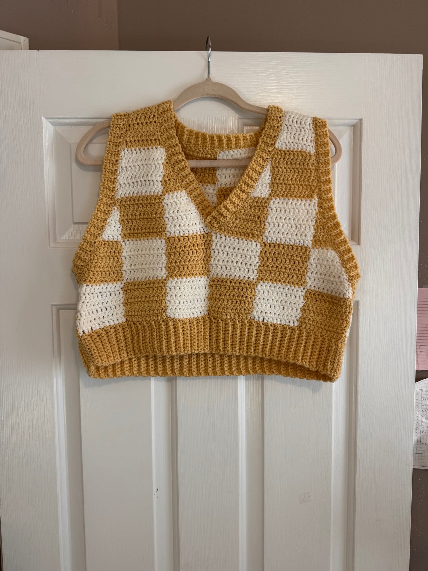 Ready to Ship - Physical Vest || Checkered V-neck Crochet Vest - Mustard & Cream (Size XS)