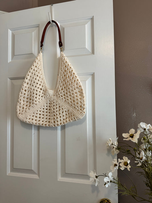 Beige Triangle Bag with Brown Leather Strap - Medium (Ready to Ship)