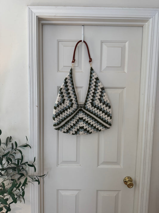 Beige, Green, and Blue Triangle Bag with Brown Leather Strap - Large