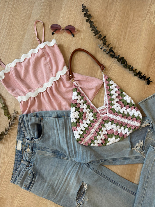 Triangle Granny Square Bag - Pink, Green & Cream - NO STRAP (Made to Order)