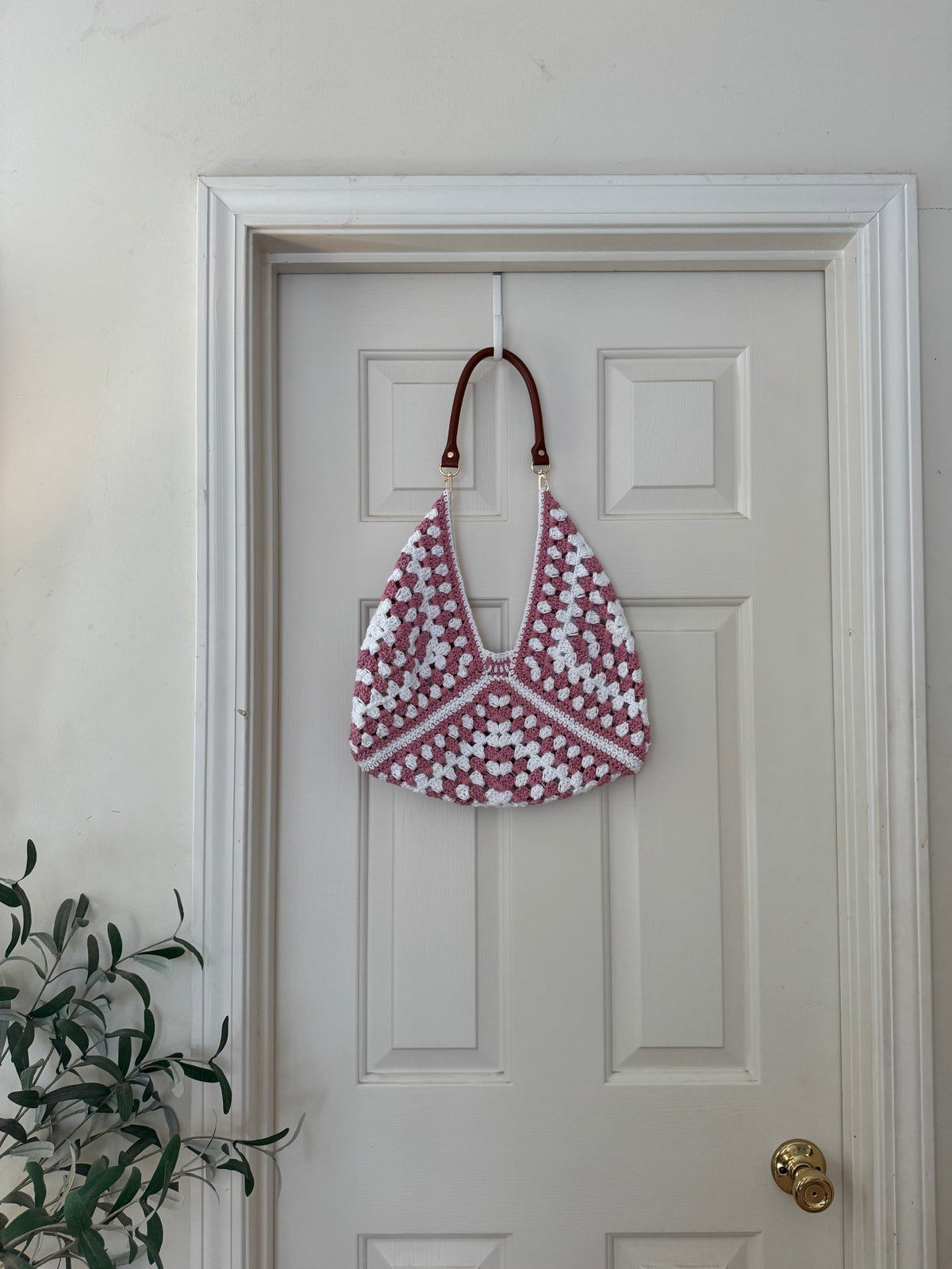 Pink Triangle Bag with Brown Leather Strap - Medium