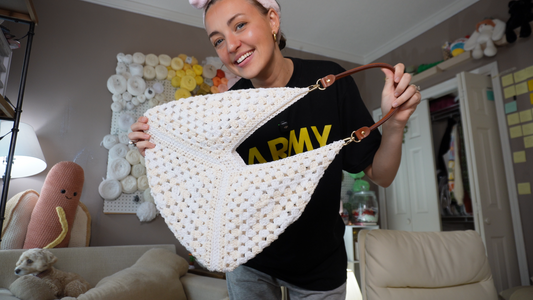 2 Tone Beige Triangle Bag with Brown Leather Strap - Medium (Ready to Ship)